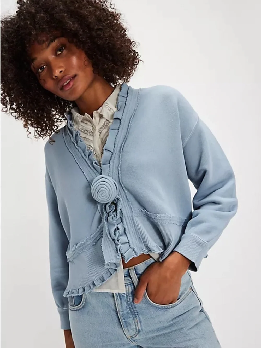 Free People Beige Ruffle-Trim Teddy Jacket